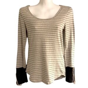 Daytrip Striped Top Women Large Oatmeal Black Boho Crochet Cuff Long Sleeve